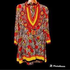 KEY LIME & PINK Colorful Cover Up Tunic 100% Cotton Large Made in Pakistan